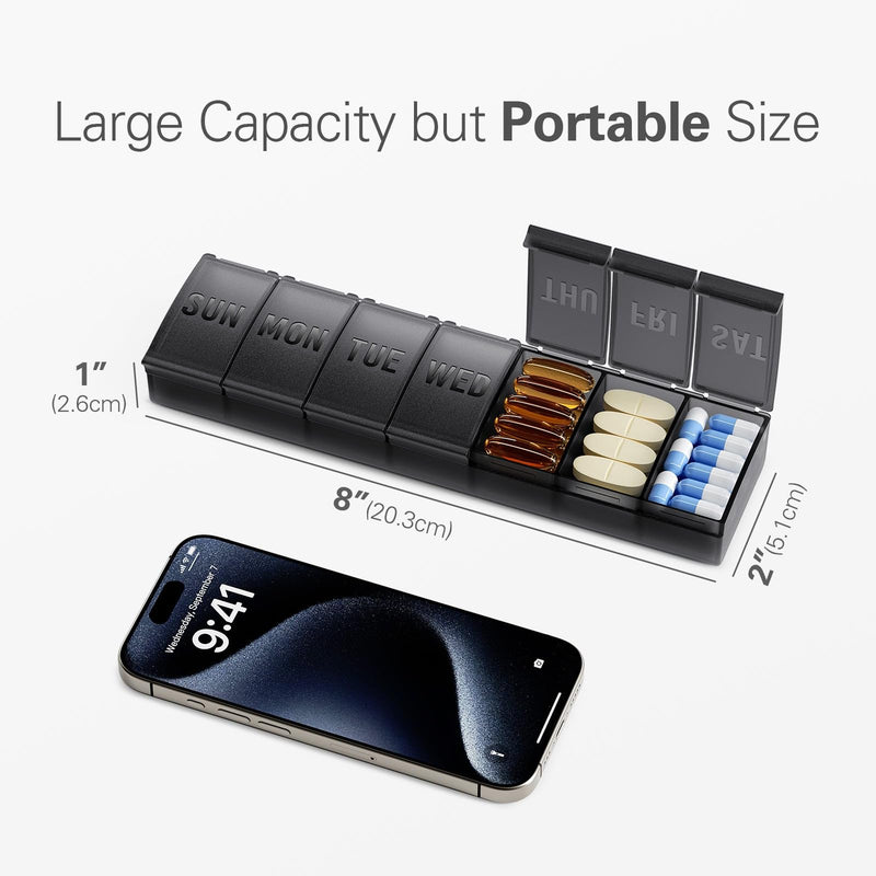 [Australia - AusPower] - Barhon Pill Organizer Large, Weekly Pill Organizer, Travel Pill Box Medicine Pill Organizer, 7 Day Pill Case for Big Vitamin Supplements Fish Oil Black 