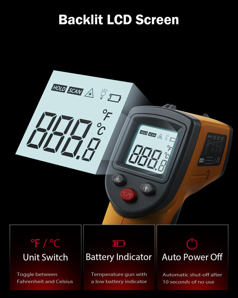 [Australia - AusPower] - Infrared Thermometer, Digital Laser Thermometer, Non-Contact Surface Temperature Gun for Measuring Cooking Food Pizza Oven Grill 
