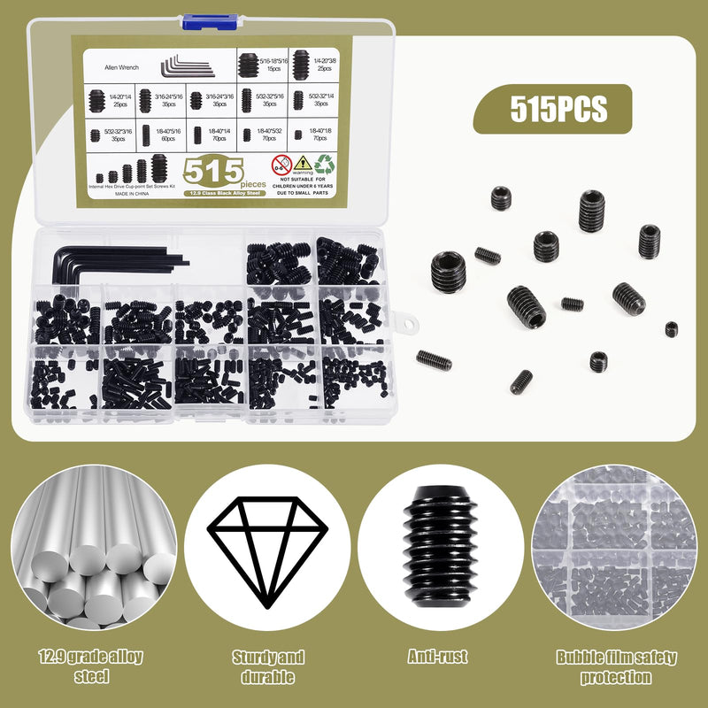 [Australia - AusPower] - 1317 Pcs 26 Size Metric + SAE Set Screw Assortment Kit Head Socket Hex Metric Set Screws Assortment Kit Black Zinc Plated 12.9 Alloy Steel Cup-Point Screws (M3-M8, 1/8"-40 to 5/16"-18) 