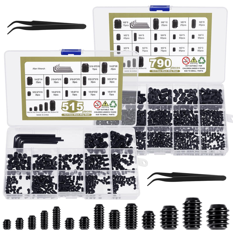 [Australia - AusPower] - 1317 Pcs 26 Size Metric + SAE Set Screw Assortment Kit Head Socket Hex Metric Set Screws Assortment Kit Black Zinc Plated 12.9 Alloy Steel Cup-Point Screws (M3-M8, 1/8"-40 to 5/16"-18) 