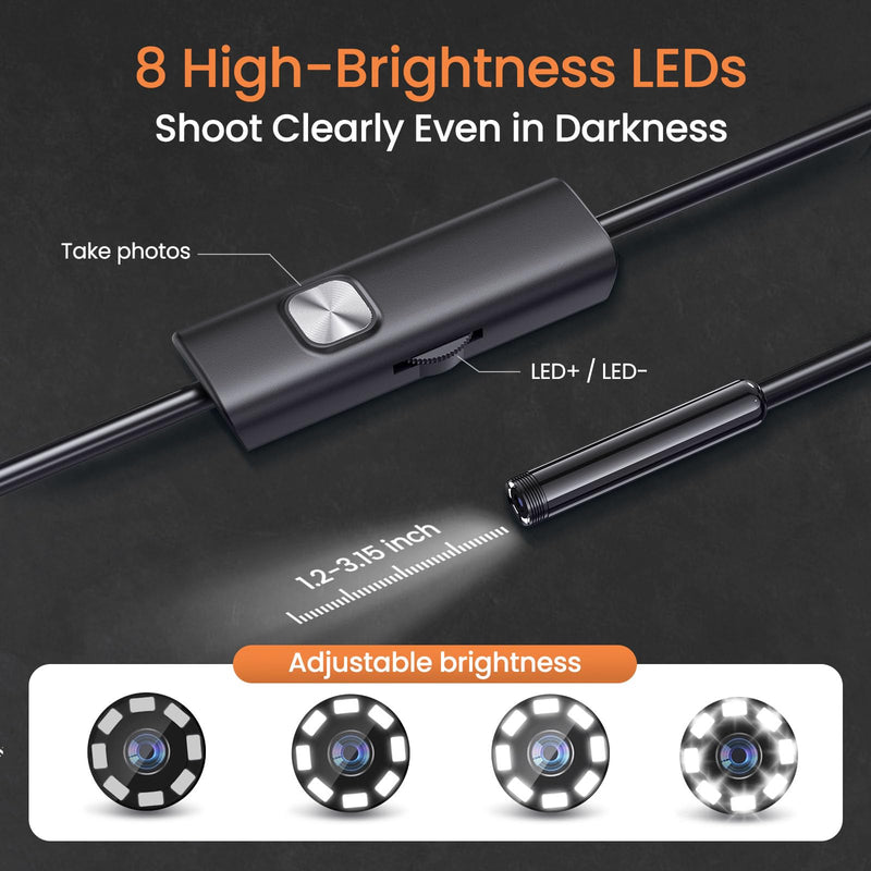 [Australia - AusPower] - Endoscope Camera with Light, HD Borescope with Dimmable LED Bulbs, 16.4ft Semi-Rigid Snake Camera for iOS & Android, IP67 Waterproof Boroscope Inspection Tools for Sewer, Cool Gadgets for Men 