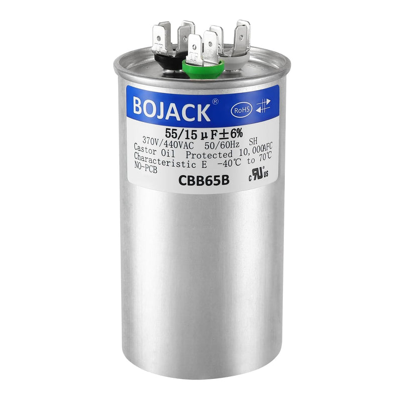 [Australia - AusPower] - BOJACK 55+15 uF ±6% 55/15 MFD 370/440 VAC CBB65B Dual Run Start Round Capacitor for Condenser Straight Cool or Heat Pump Air Conditioner or AC Motor and Fan Starting 