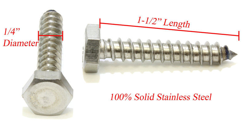 [Australia - AusPower] - Bolt Dropper 1/4" x 1-1/2" Stainless Hex Head Lag Bolt Screws, (25 Pack), 304 (18-8) Stainless Steel Coach Bolts/Large Screws for Wood with Plain Finish by Bolt Dropper 1/4" x 1-1/2" 