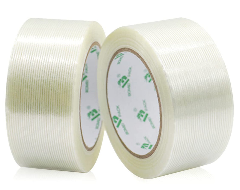 BOMEI PACK Mono Filament Strapping Tape, 2 Roll 2 Inch x 35 Yards 5.5 Mil, Heavy Duty Transparent Reinforced Fiberglass Tape 2Roll: 50mmx35y