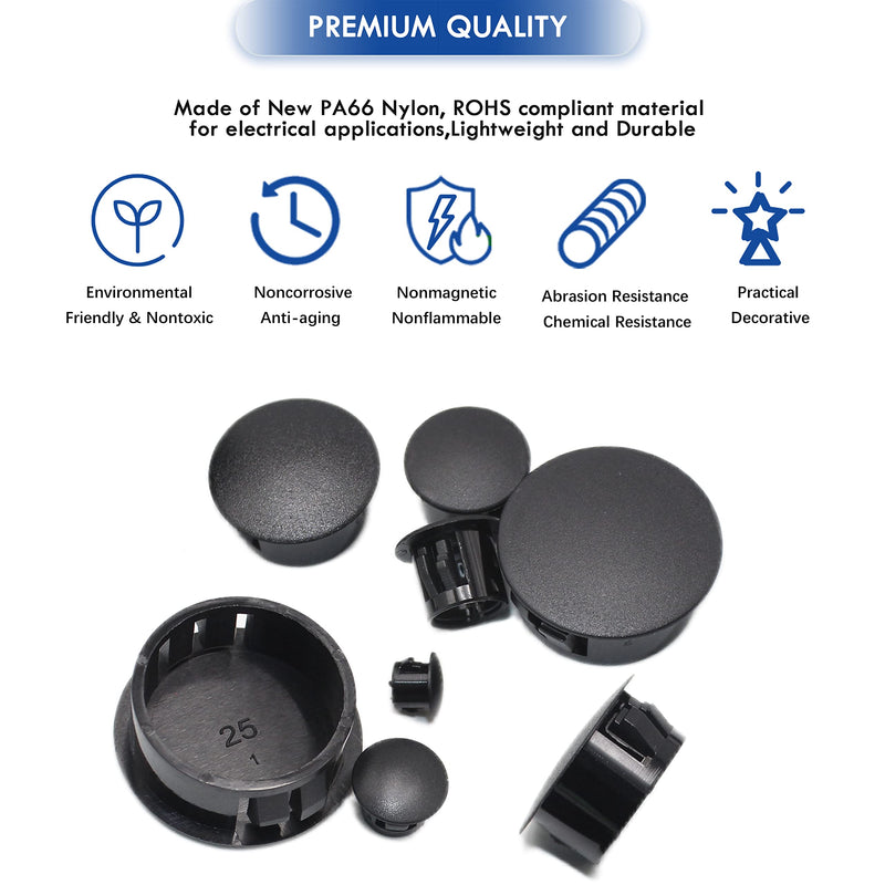 [Australia - AusPower] - 250 PCS Nylon Plastic Hole Plug 1" 7/8" 3/4" 5/8" 1/2" 3/8" 5/16" 1/4" Round Drill Hole, Flush Type Panel Knockout Locking Plugs, Black Screw Covers for Furniture Cabinet Insert End Caps 