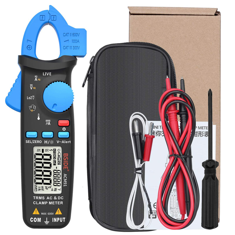 [Australia - AusPower] - BSIDE DC Amp Clamp Meter 1mA Current True RMS Auto-Ranging 6000 Counts Digital Ammeter Hz Temperature Capacitance Live Check V-Alert Low Impedance Voltage Tester with Back Clip Blue 