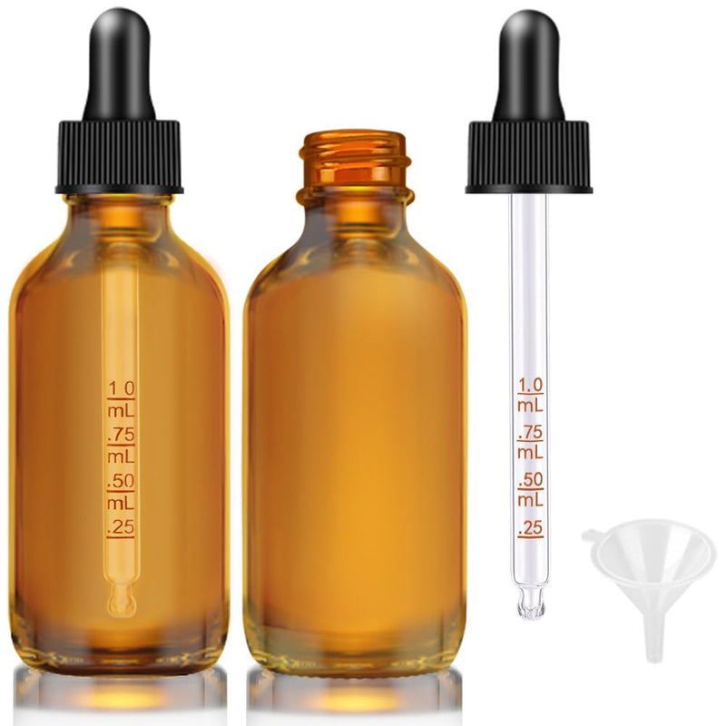 [Australia - AusPower] - Dropper Bottle 2 oz, 2 pack Amber Glass Eye Dropper Bottles with Labels and Funnel, Tincture Bottle with Measured Dropper - Leakproof Essential Oils Bottles 