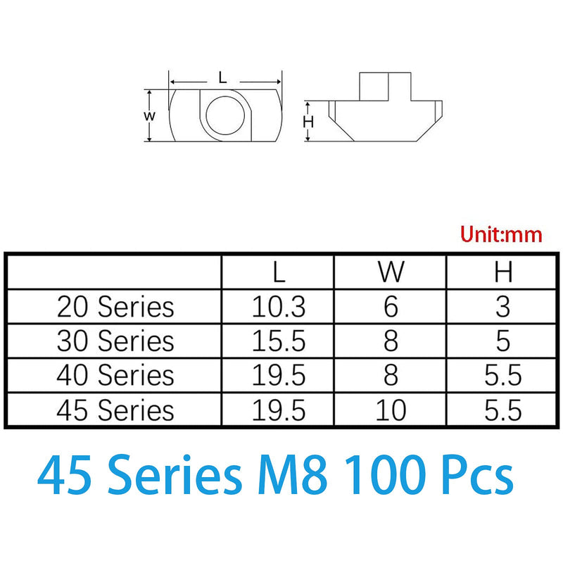 [Australia - AusPower] - 100 Pcs 4545 Series M8 T Nuts, T Slot Nut Hammer Head Fastener Nut, Nickel Plated Carbon Steel Nut for Aluminum Profile (4545 Series M8) 4545 Series M8(100 Pcs) 
