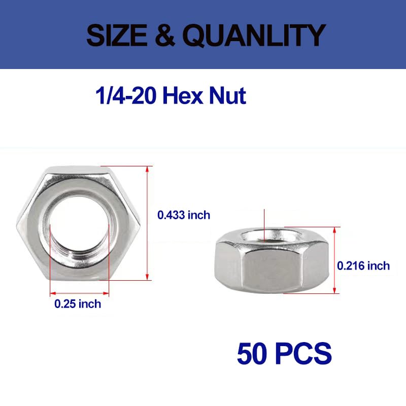 [Australia - AusPower] - 50pcs 1/4-20 Hex Nuts, 304 Stainless Steel Hex Drive Nuts, UNC Nuts Fasteners, 1/4" Stainless Nuts Replacement Nut with Plastic Case 