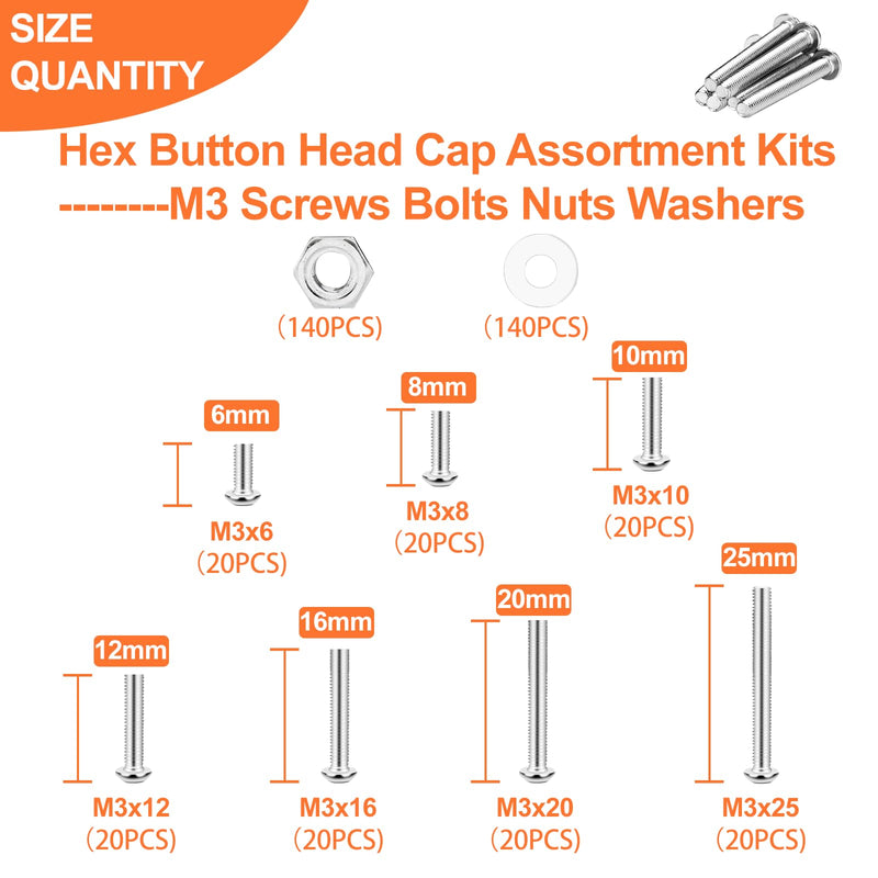 [Australia - AusPower] - 420pcs M3 Screw Kit, Premium M3 Button Head Socket Cap Screw Assortment with Nuts and Washers, M3 x 6mm /8mm /10mm /12mm /16mm /20mm /25mm (Silver) 