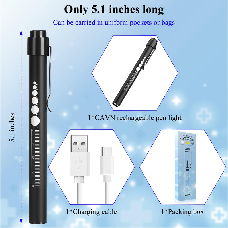 [Australia - AusPower] - CAVN Rechargeable Pen Light with Pupil Gauge LED Penlights for Nurses Doctors, Warm/White Light, USB Rechargeable Medical Penlight Gifts for Nurses Nursing Student (Black) Black 