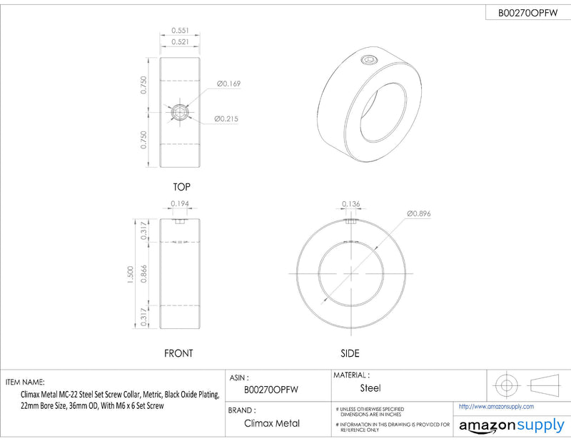 [Australia - AusPower] - MC-22 Black Oxide Plated Steel Set Screw Collar, Metric, 22mm Bore Size, 36mm Outside Diameter, M6 x 6mm Set Screw 