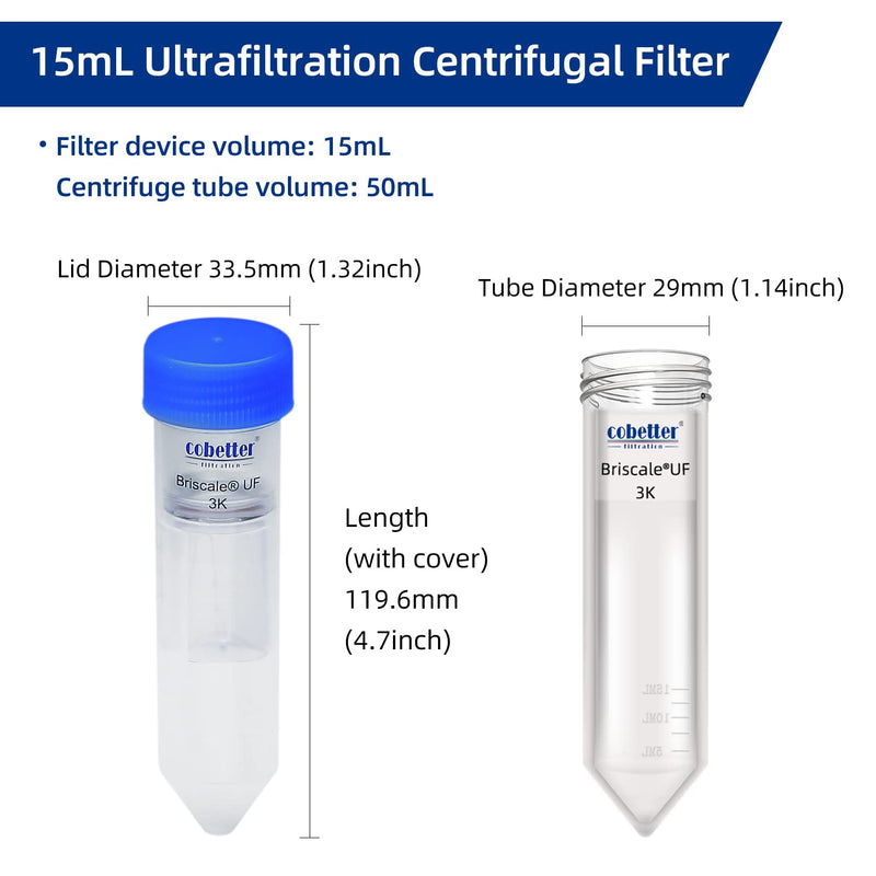 [Australia - AusPower] - Briscale Pack of 4 Ultra Centrifugal Filter 15mL Ultrafiltration Centrifuge Tube Unit with Regenerated Cellulose RC Membrane 100kDa 
