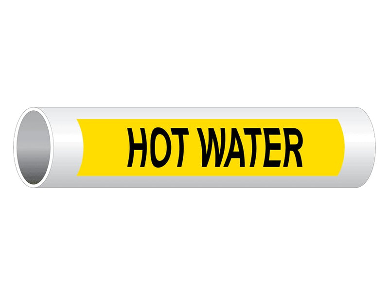 ComplianceSigns.com Hot Water (Black Legend On Yellow Background) Pipe Label Decal, 8x2 inch 5-Pack Vinyl for Pipe Markers