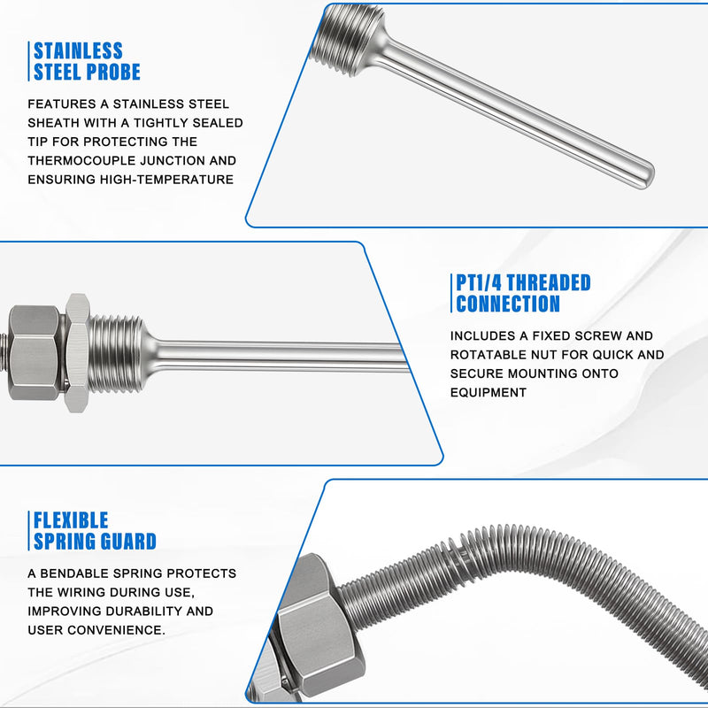 [Australia - AusPower] - 2 Pcs K-Type Thermocouple Sensor, 0-600℃ High Temp Probe 5 x 50 mm, NPT 1/4" Stainless Steel Probe with 2M/6.6Ft Insulated Lead Wire for Temperature Controller 