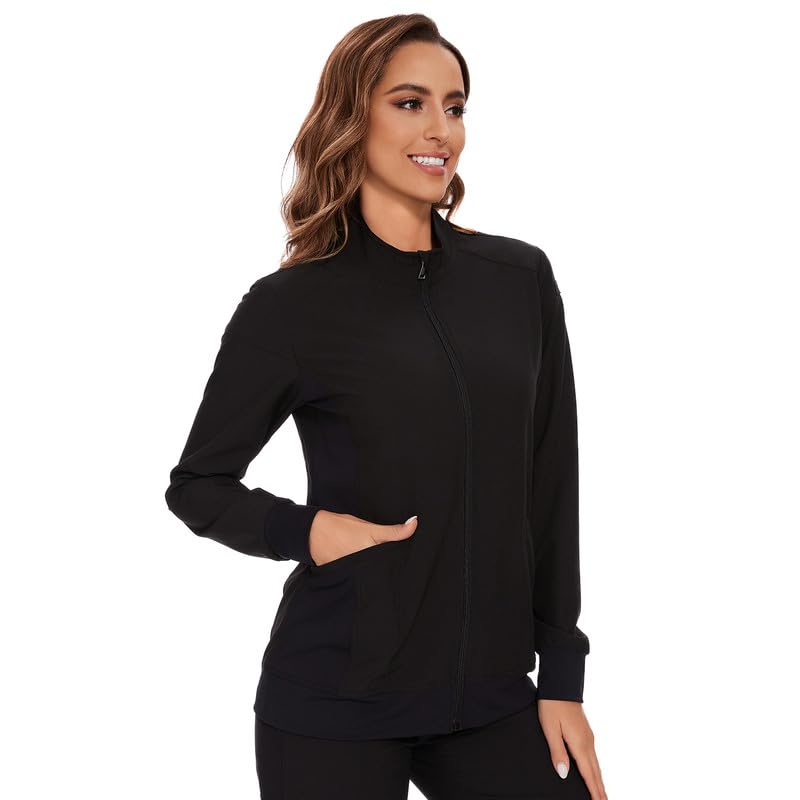 [Australia - AusPower] - Scrub Jackets for Woman, Zip Front Nurse Jacket, 4-Way Stretch Fabric Black Medium 
