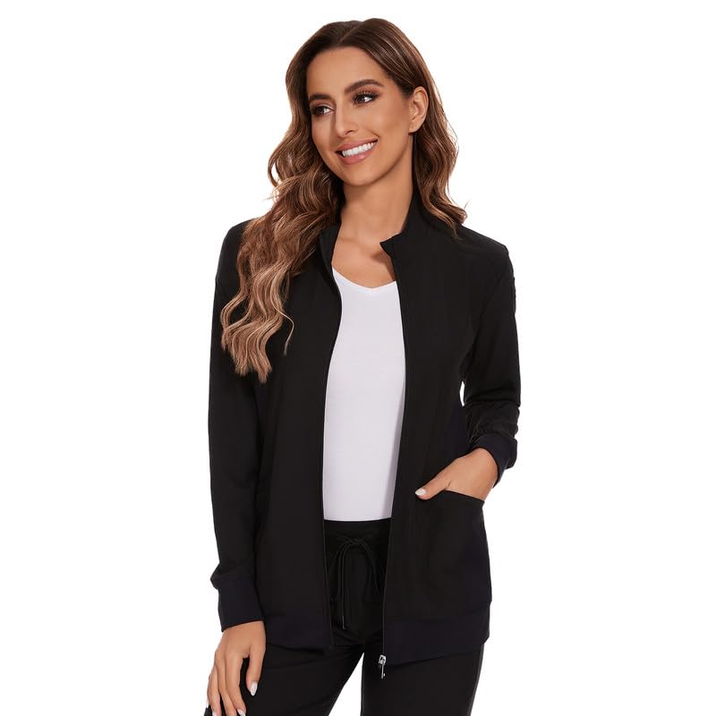 [Australia - AusPower] - Scrub Jackets for Woman, Zip Front Nurse Jacket, 4-Way Stretch Fabric Black Medium 