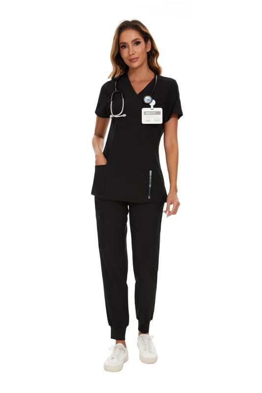 [Australia - AusPower] - Scrubs for Women Set - Stretch V-Neck Scrub Top & Jogger Pant with 8 Pockets Black Medium 