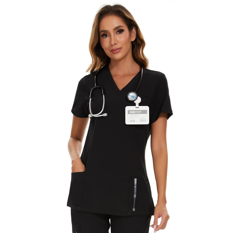 [Australia - AusPower] - Scrub Tops for Woman - Soft Stretch, V-Neck Top Scrubs with 3 Pockets, Easy Care for Women Black Medium 