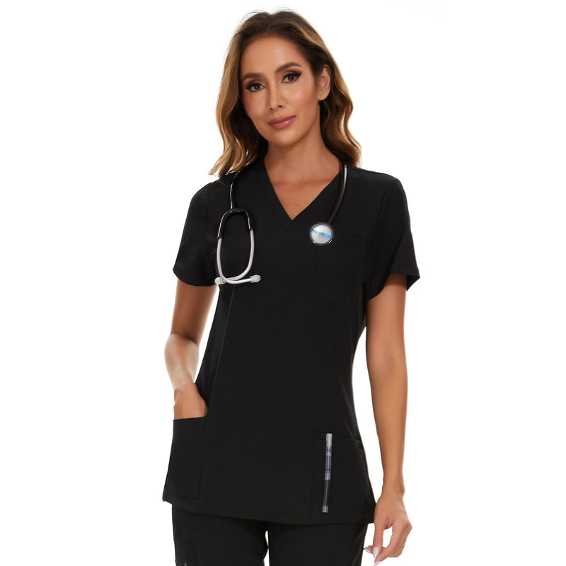 [Australia - AusPower] - Scrub Tops for Woman - Soft Stretch, V-Neck Top Scrubs with 3 Pockets, Easy Care for Women Black Medium 