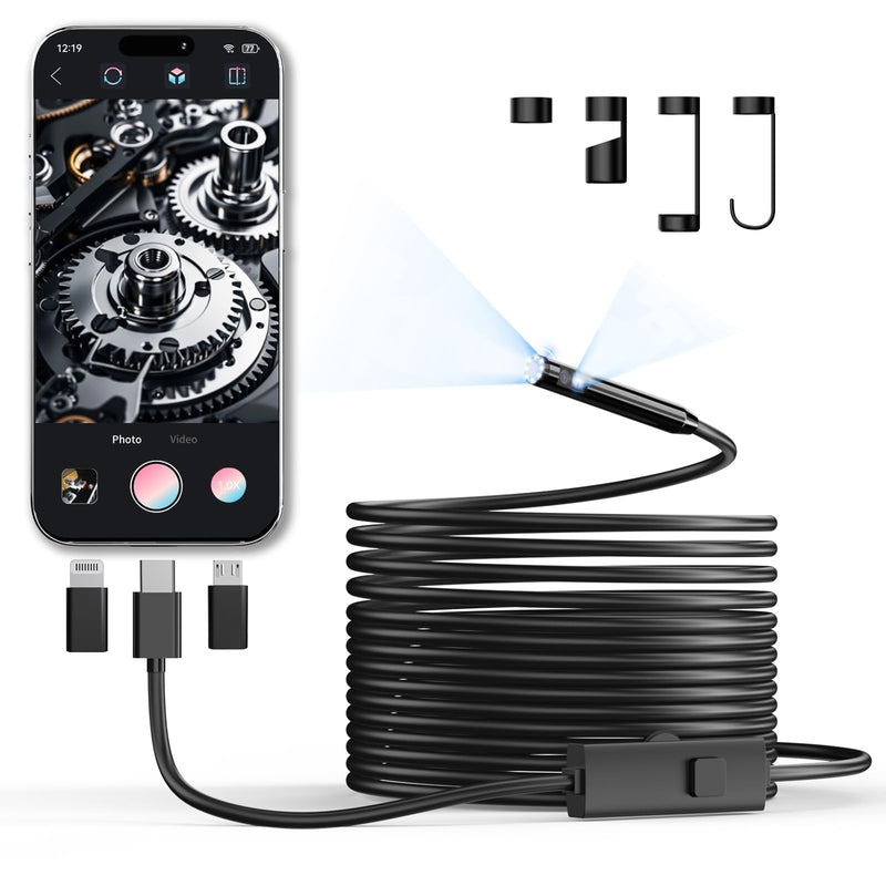 [Australia - AusPower] - Endoscope Camera with Light, 1920P HD Borescope Inspection Camera with 8 Adjustable LEDs, IP67 Waterproof Semi-Rigid 16.4ft Snake Cable for Android, iPhone, and iPad(Dual Lens) Dual Lens 