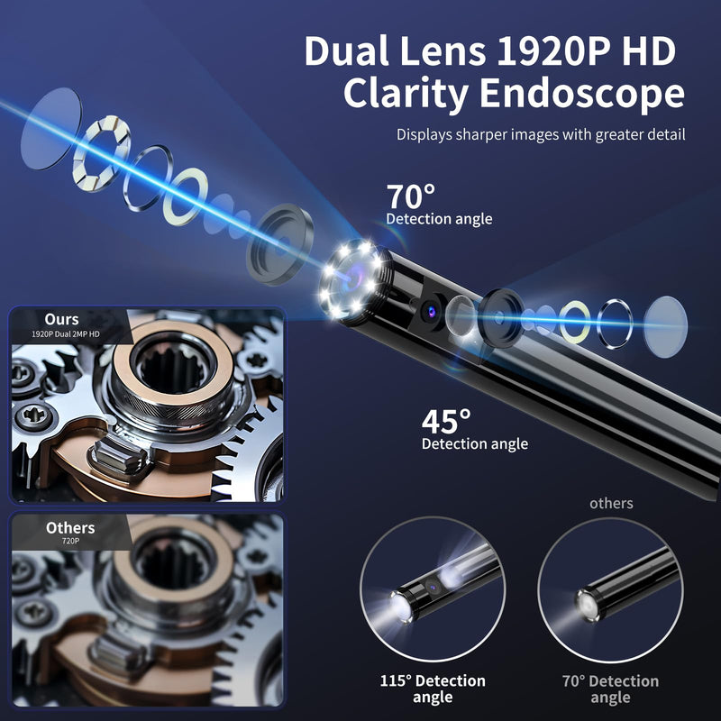 [Australia - AusPower] - Endoscope Camera with Light, 1920P HD Borescope Inspection Camera with 8 Adjustable LEDs, IP67 Waterproof Semi-Rigid 16.4ft Snake Cable for Android, iPhone, and iPad(Dual Lens) Dual Lens 