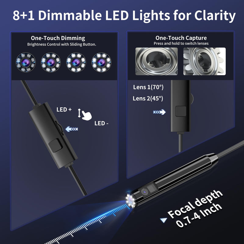 [Australia - AusPower] - Endoscope Camera with Light, 1920P HD Borescope Inspection Camera with 8 Adjustable LEDs, IP67 Waterproof Semi-Rigid 16.4ft Snake Cable for Android, iPhone, and iPad(Dual Lens) Dual Lens 