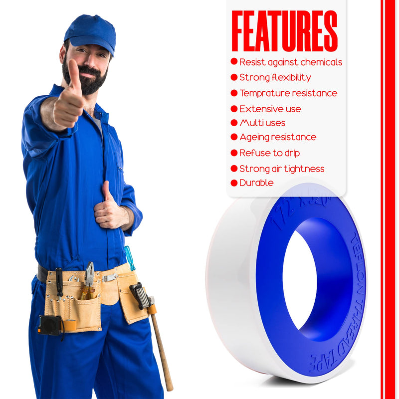 [Australia - AusPower] - 5 Rolls Extra Long Teflon Tape 1/2 Inch(W) X 520 Inches(L) - Plumbers PTFE Tape – Thread Seal Perfect for Shower Heads and Pipe - Home Plumbing Pipe Sealing - Sealant Tape 5x PACK 