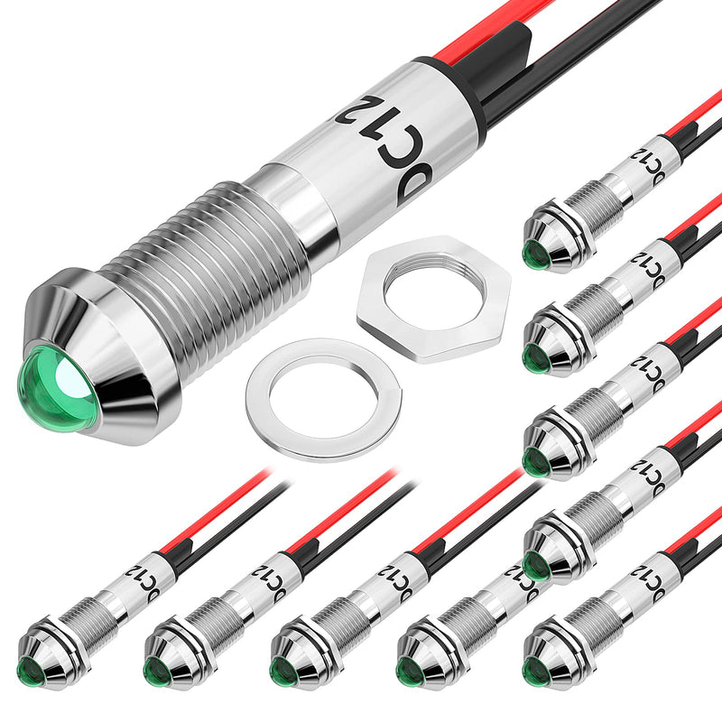 [Australia - AusPower] - DaierTek 8MM LED Indicator Light 12V Green LED Waterproof Metal 12 Volt Pilot Light Marine 5/16" Panel Mount Electrical Indicator Lights Pre-wired for Boat Car -10Pcs 