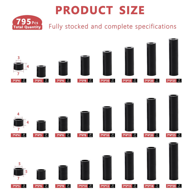 [Australia - AusPower] - 795pcs Nylon Round Spacer Non-Threaded Plastic Standoff Hardware Assortment Kit Black OD 7mm ID 3mm 4mm 5mm Length 4mm 5mm 6mm 8mm 10mm 15mm 18mm 20mm 25mm 