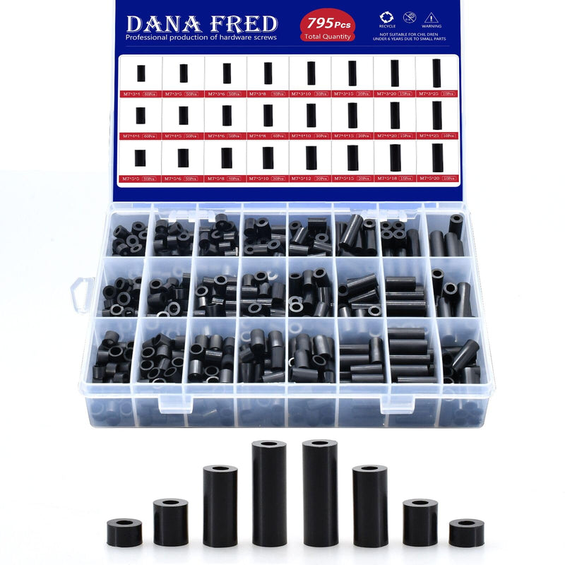 [Australia - AusPower] - 795pcs Nylon Round Spacer Non-Threaded Plastic Standoff Hardware Assortment Kit Black OD 7mm ID 3mm 4mm 5mm Length 4mm 5mm 6mm 8mm 10mm 15mm 18mm 20mm 25mm 