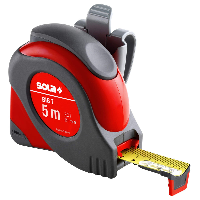 [Australia - AusPower] - SOLA Big T Tape Measure 5 m / 19 mm Extremely Robust Professional Tape Measure with Belt Clip Steel Tape Painted Yellow with mm Scale Accuracy Class I Roll Meter with Non-Slip End Hook Length 5 m / 19 