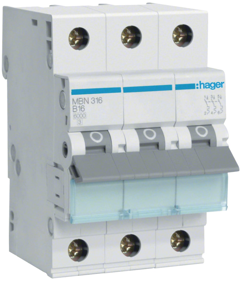 Hager MBN316 Circuit Breaker 3-Pin 6kA B-Characteristic 16A 3 Modules | LS switch for DIN rail - 3-phase fuse - QuickConnect technology - Rated voltage 400V - Reliable cable protection