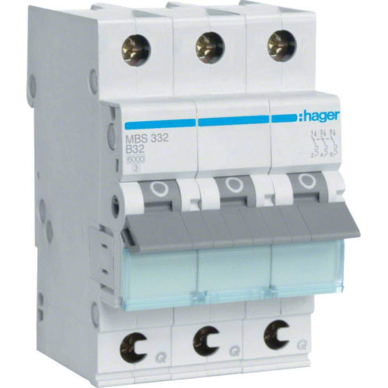 [Australia - AusPower] - Hager MBS332 B-Type 3P 3 Module (S) Circuit Breaker – Circuit Breakers (50/60 Hz, -25 – 60 °C, -25 – 80 °C) 
