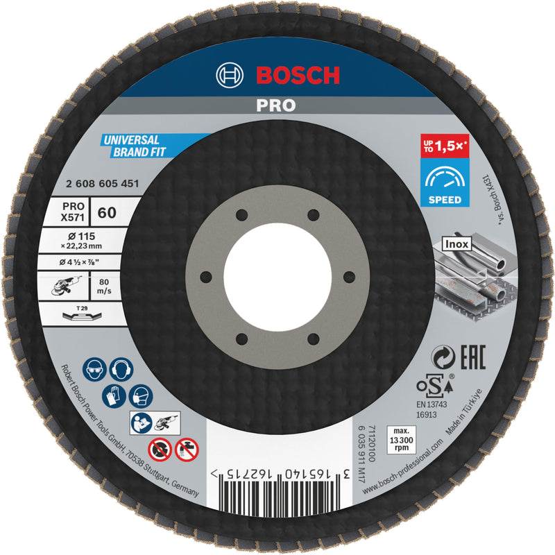 [Australia - AusPower] - Bosch 1 x PRO Metal X571 Flap Sanding Disc, Angled Design, Fibre, for Small Angle Grinders (for Steel, Stainless Steel, Diameter 115 mm, Grit 60, Professional Accessories, Small Angle Grinder) Ø 115 mm 