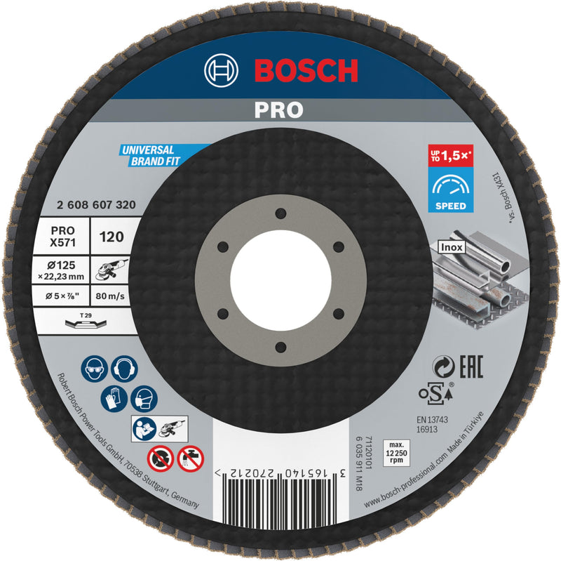 [Australia - AusPower] - Bosch 1 x PRO Metal X571 Flap Sanding Disc, Angled Design, Fibre, for Small Angle Grinders (for Steel, Stainless Steel, Diameter 125 mm, Grit 120, Professional Accessories, Small Angle Grinder) Ø 125 mm 120 grit 