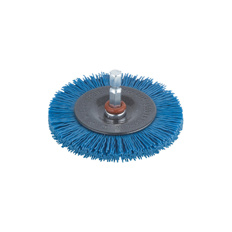 Wolfcraft 1 Nylon Scrubbing Brush / 6 mm Handle / Diameter 75 mm / Blue | Hex shank 1/4" fine grained non-aggressive wires for cleaning wood, metal and non-ferrous metals. 2726000 Ø75x10mm