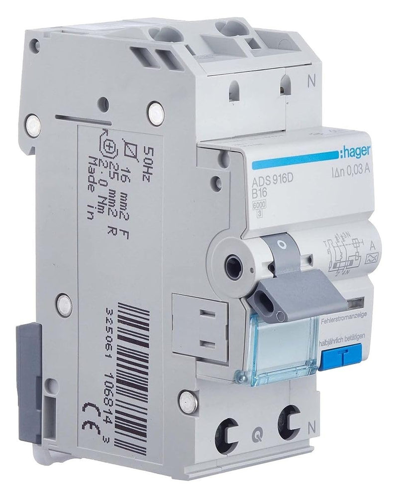 [Australia - AusPower] - Hager ADS916D Residual Current Circuit Breaker B 16A 30mA 2-Pin 1-Pin Protected Single 