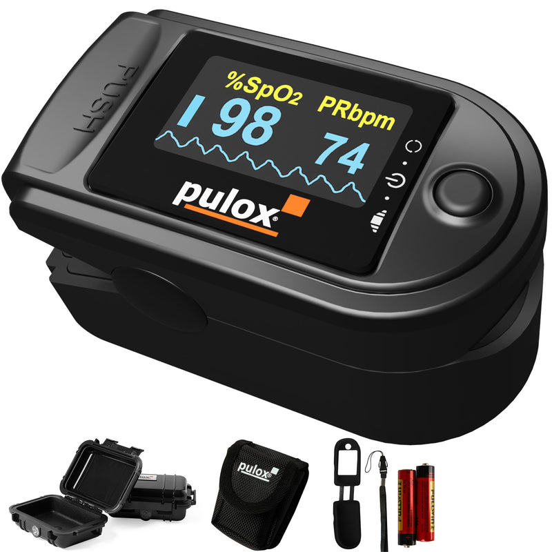 Pulox PO-200 Pulse Oximeter SPO2 with OLED Color Display Black incl. Hardcase Duracell Battery, Dust Cover, Nylon Pouch and Carry Strap-