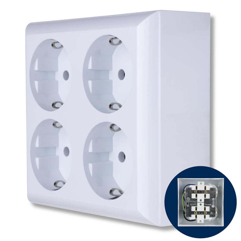 REV 0510172555 PlanoLuxe, surface-mounted socket 4-way Complete set: Frame and insert, white | Multiple socket for surface mounting, ideal for workshop and indoor use 1 x quadruple socket