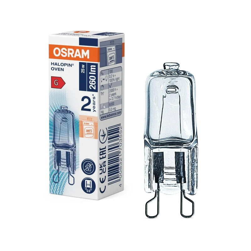 OSRAM Halopin Special Oven Bulb, 230v 25w G9 Halogen Capsule, Used By BOSCH NEFF SIEMENS DELONGHI OCEAN FAGOR For Cooker And Microwave Oven Applications, High Temperature Tolerant, *SEE NOTE