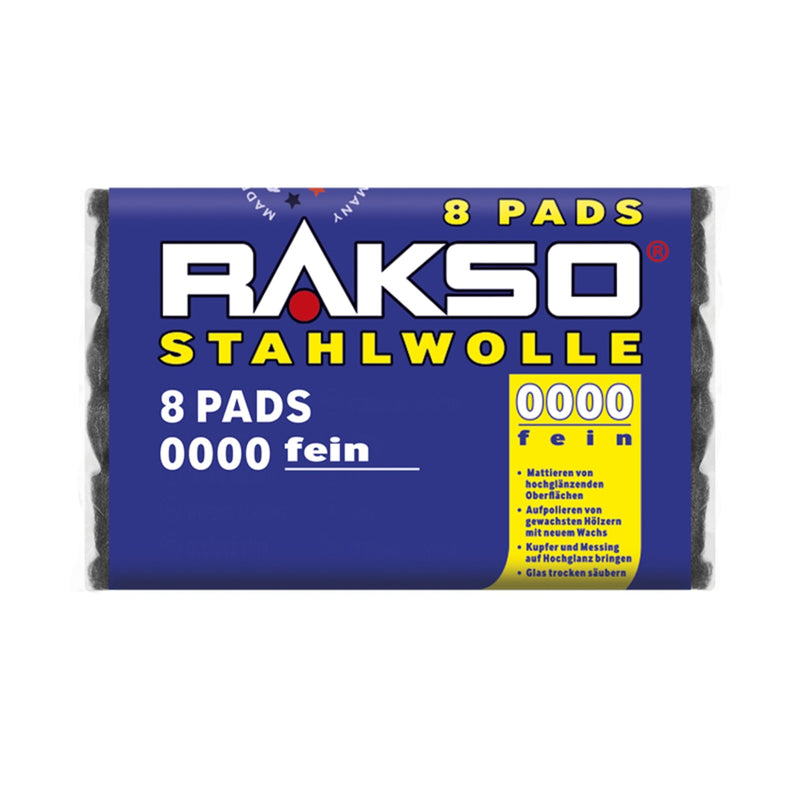 RAKSO Steel Wool Extra Fine 0000-8 Pads, Polished Waxed Wood, Copper, Brass, Frosted Surfaces, Cleans Glass 1 pack of 8 pieces.