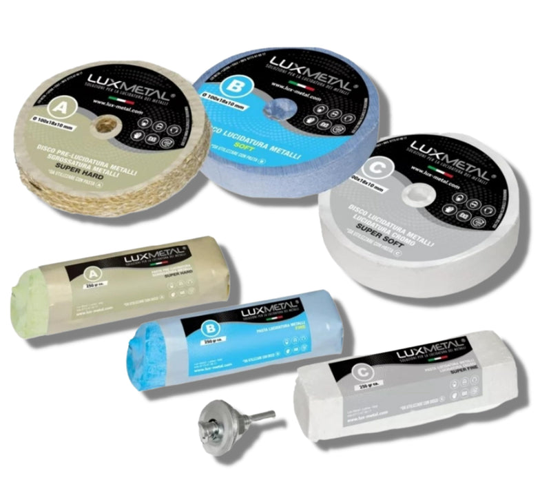 [Australia - AusPower] - Lux Metal 3 Polishing Paste 250 g - 3 Polishing Discs 100 mm, Polishing Set DIY Kit Sanding Paste Metal, Aluminium, for Drill, Stainless Steel, Brass, Copper, Wood, Plastic, Grinding Machines, Knives 