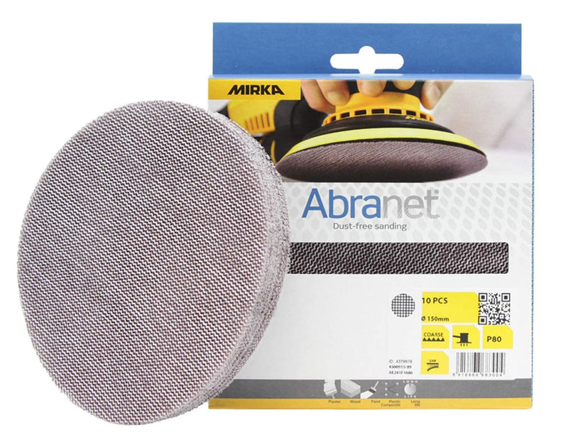 [Australia - AusPower] - Mirka Abranet® Mesh Sanding Discs (Diameter 150 mm), Professional Sanding Discs with P80 Grit and Velcro, for Hand Grinding, All Orbital Sanders and Grinders, Pack of 10 Korn P80 
