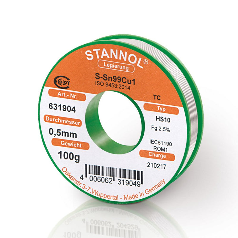 Stannol Solder Wire HS10 Alloy TC Sn99Cu1, 0.5 mm, 100 g, 1 piece, 631904