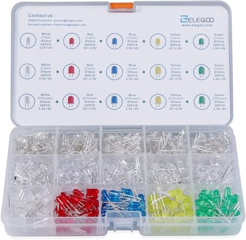 ELEGOO 600x Light Emitting Diode Kit, 3mm/5mm, Diffused and Clear, 5 Colors | Compatible with Arduino and associated development software for maker and DIY projects LED600