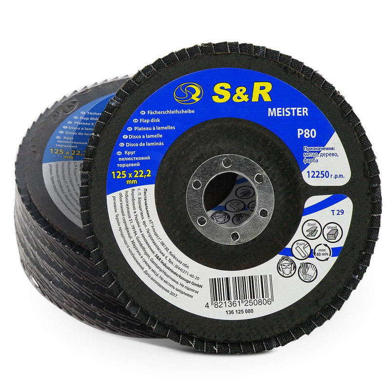 [Australia - AusPower] - S&R Flap Sanding Discs Set of 5 for Angle Grinder Grit 80, 125 x 22.2 mm, Sanding Discs, Flap Discs, Grinding Discs, Flap Discs, for Sanding Wood, Metal, Steel Grit P80 
