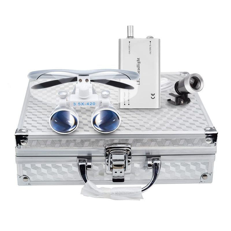 [Australia - AusPower] - BoNew Dental 3.5X-420mm Surgical Binocular Loupes Magnifier Kit With LED Head Light Silver Aluminum Box Color 