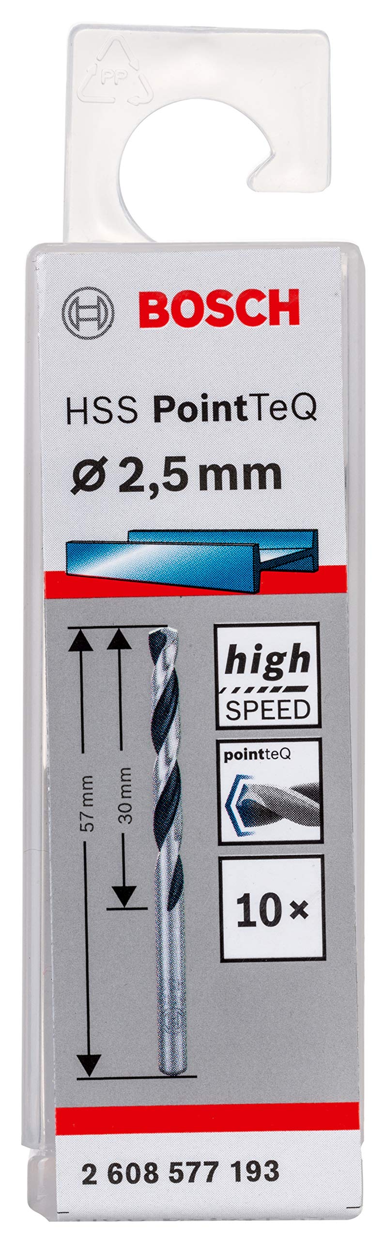 Bosch Professional HSS PointTeQ Twist Drill Bits (for Metal, 2.5 x 30 x 57 mm, Drill Driver Accessory), Pack of 10 Diameter 2.5 mm