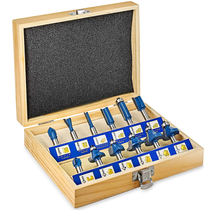 [Australia - AusPower] - S&R Milling Cutter Set HM Shaft 8mm Wooden Case Forged Tool Steel Cutting Plates Carbide in Wooden Box 1. Set 12 Fräser-Bits 